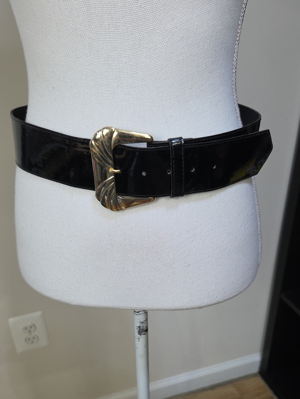 Vintage KENDELL & MARCUS Black Patent Leather Waist Belt with Gold Buckle